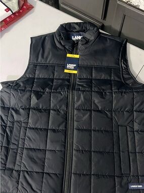 Lands' End Men's Black Quilted Puffer Vest with Stand Collar